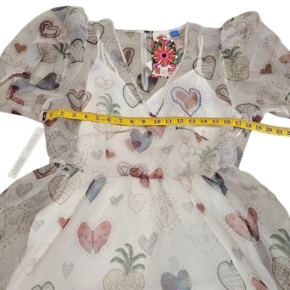 FARM Rio Anthropologie Sheer Heart Puff Sleeve Mini Dress In White Size L NWT - Picture 11 of 12